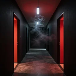 spooky photo of a dark hallway of a japanese modern house with open lit doorways, dramatic lighting, smoke, ceiling fluorescent lighting, black and red colour palette