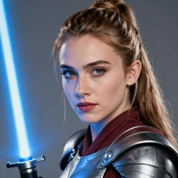head and shoulders portrait of a female knight gazing into camera, jedi, blue lightsaber, young scarlett johansson, star wars, by doug chiang, face detail, extremely detailed, digital illustration