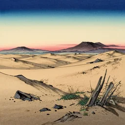 hiroshige style, environment, post apocalypse, landscape, wasteland, desert
