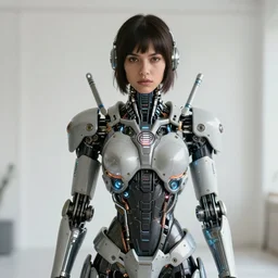 centered portrait of soulful eiza gonzalez as a solarpunk mecha humanoid robotic parts with bright led lights, real human face, pudica gesture bouguereau style, in white room, ultra - realistic and intricate, soft portrait shot 8 k