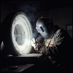 welder in welding mask building an interdimensional portal, ominous lighting, by richard avedon, tri - x pan stock