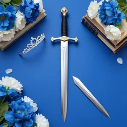 flatlay sword, tiara, and book collection, vivid colors, dramatic lighting, blue and white flowers