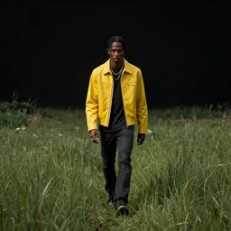 travis scott walking through a grassy field wearing a yellow jacket, by weta digital, by weta fx, cinematic, wide angle, tones of black in background