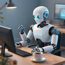 digital art of a robot at a desk job with a cup of coffee, detailed