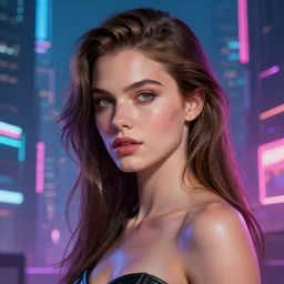 Portrait of young Jennifer connelly   in a cyberpunk city, neon lighting, model, HDR, 24MP, fantasy, high detail, elegant, digital painting, rossdraws global illumination, vibrant, intricate, textured skin, highly detailed, artstation, sharp, focus, illustration, Anna Dittmann, Ilya Kuvshinov, Nikolay Makovsky