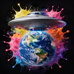 giant ufo hovering over earth by josan gonzalez splash art graphic design color splash high contrasting art, fantasy, highly detailed, art by greg rutkowski