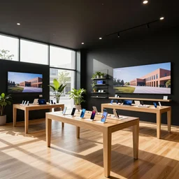 A flagship Samsung store. black walls. timber floor. high ceilings with spots. the warm sun shines through large windows. modern wood furniture. beautiful display tables with phones and tablets, plants on pots and on the walls, large digital screens with videos on the walls, Architectural photography. 14mm. High Res 8K. award winning architectural design, Minimalist, High-tech environment, warm and happy, clean shapes, inviting