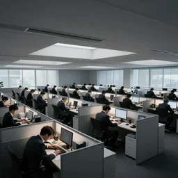 a large office filled with hundreds of depressed workers in suits working in their cubicles, low angle, dramatic lighting