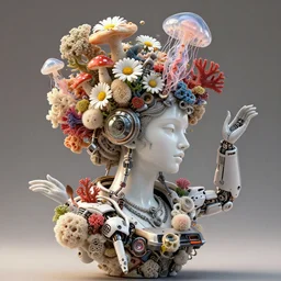 complex 3 d render, hyper detailed, ultrasharp, beautiful delorean portrait with a porcelain profile face, dancing, natural soft rim light, headdress made of sponge corals, daisies, colorful mushrooms, jellyfish, puffballs, white red rhizomorphs, cyberpunk metallic brackets, ferra white mecha, alexander mcqueen, beautiful natural soft illumination, octane highly render, 4 k, ultra hd