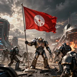sci-fi VFX action movie cinematography photoreal 3D scene of warhammer space marine destiny halo planting flag in epic future war zone, By Emmanuel Lubezki