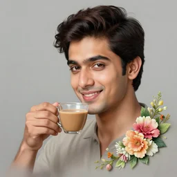 full body portrait, a guy having chai, happy, flowers, absurdly beautiful, elegant, realistic ultrafine hyperrealistic detailed face painting by amrita sher - gil, intricate linework, sharp focus, bright colors, matte, unreal engine highly rendered, global illumination, radiant light, intricate environment