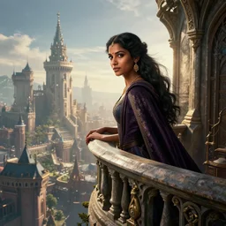 jaina proudmoore on the balcony of a wizard's tower overlooking a city, portrait shot, epic cinematic hyperrealism masterpiece. realistic poster with shaded lighting by craig mallismo, artgerm, jeremy lipkin and michael garmash, unreal engine, radiant light, detailed and complex environment, digital art, art station trends