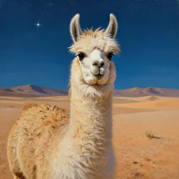highly detailed oil painting, one llama with dreadlocks, in a desert, with starfall in the night sky