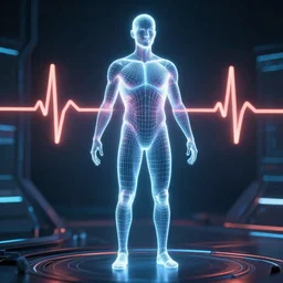 human performance, wireframe human, heartbeat, glowing wireframe, future scifi scene