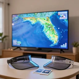 curved transparent tv showing florida weathermap, volumetric lighting, bedroom, visor, users, pair of keycards on table, bokeh, creterion collection, shot on 7 0 mm, instax