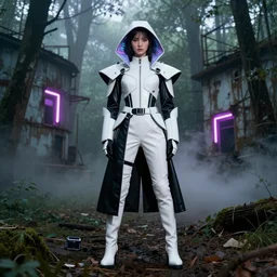 beautiful fashion model with white sci - fi tactical gear, black leather garment, hologram sci - fi hood, full shot fashion photography, misty forest, abandoned factory, neon light, by irving penn and storm thorgerson, ren heng, peter elson