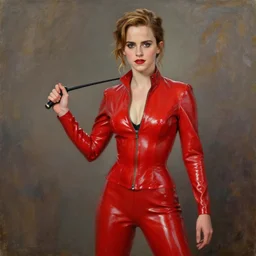 oil painting of emma watson in slick red latex outfit, holding a riding crop. safe for work!