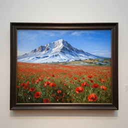 a caravaggio painting masterpiece exposed at the Louvres in paris : a poppy field with a icy moutain in the background and a blue sky This 4K HD image is Trending on Artstation, featured on Behance, well-rendered, extra crisp