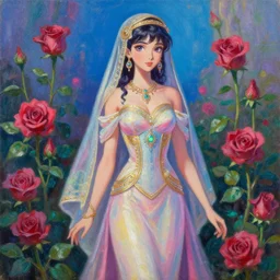 middle eastern scifi princess of the rose springs, wearing a lovely dress with vaporwave details. this oil painting by the award - winning mangaka has an interesting color scheme and impeccable lighting.
