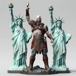 kratos the god of war statue standing next to the statue of liberty, same size ultra detail - s 2