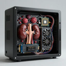 Techno-biological meat personal computer in standard case with panel removed. Tumors, kidneys, graphics card, processor, wires. Body horror, biopunk, side view, high detail, ultra realistic, photorealism, 8k, art