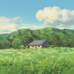A serene landscape with a singular building in the style of Makoto Shinkai.