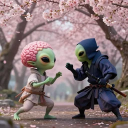 cute alien brainsucker fights with cyberpunk samurais, sakura bloomimg, by rene magritte and katsuya terada, rococo, trending on artstation, cinematic lighting, hyper realism, octane render, 8 k, hyper detailed.