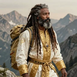 forest whitaker, curled beard, long dreadlocks, white and glod cloth, trecking in mountain, intricate, elegant, highly detailed, artstation, sharp focus, illustration, orientalism, bouguereau, mandy jurgens, rutkowski, mucha
