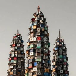 giant towers made up of colourful makeshift squatter shacks, mamiya, uniform plain sky, fine details, minimalist, photographed by frans lanting