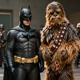 A high quality movie still from a film starring Chewbacca as Batman