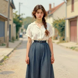 a young woman standing on a country town street, painterly, offset printing technique, by alexandre cabanel