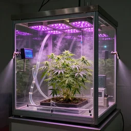 a plant incubator made of glass, stainless steel, precision instruments and screens. there is a pot of marijuana inside. there are many transparent hoses filled with water and mist in the glass box. there is a row of purple lamps above the box to irradiate marijuana. there are two nozzles on both sides of the box spraying water mist
