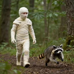 a mummy walks through a forest while a raccoon run away