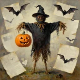 a haunted scarecrow, holding a jack - o - lantern, as a matte oil painting and d & d character art, by gustave caillebotte, standing, fullbody, flying bats, loose pages, concept art, award - winning, extremely detailed, sharp focus
