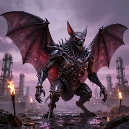 entire oil refinery crammed into the body of a bat, filthy cyborg bat, terrifying, by ian miller, geof darrow, jack gaughan, 8 k hi octane render, lit by torches, dystopian skies, puce sheen, wet, - 4 n