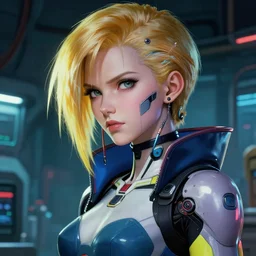 cyberpunk 2 0 7 7 screenshot. intensely staring aside. close portrait. dbz gero laboratory bg. beautiful pretty beautiful feminine cybertronic blonde androideighteen painted by norman rockwell. character by akira toriyama and hideaki anno. bodysuit. lighting by james gurney. masterpiece. artgerm mucha rutkowski. artstation.