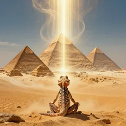 lizard meditating in desert, pyramids, light shafts, wisps, sandstorm, light diffusion, godly, ascending, by moebius, digital art, beautiful, sacred, holy, surreal, fantasy art, oasis, by durer, durer