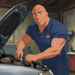 a wholesome animation key shot of Dwayne Johnson as an auto mechanic repairing a car in the garage, medium shot, waist up, studio Ghibli, Pixar and Disney animation, sharp, Rendered in Unreal Engine 5, anime key art by Greg Rutkowski, Bloom, dramatic lighting