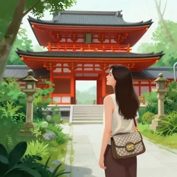 a digital painting of a woman wearing gucci exploring a magical japanese temple, lush plants and flowers, eco - cyberpunk art by james jean, cgsociety, retrofuturism, anime aesthetic, chromatic, iridescent