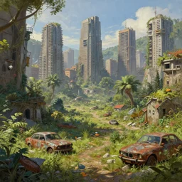 postapocalyptic city of munic!!!, wild forest!!! vegetation!!!, small rubble!!, rusty bmw cars!!, hyperrealistic, highly detailed, cinematic, sunny light, beautiful, cgssociety, artstation, 8 k, oil painting by greg rutkowski, by artgerm, by wlop
