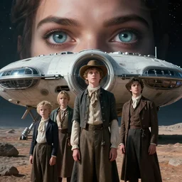 sharp, highly detailed, film from a 2 0 1 9 sci fi 1 6 k movie, set in 1 8 5 0, a family standing in front of their spaceship that has just landed on an alien planet, wearing 1 8 5 0 s clothes, good lighting, in focus, reflective eyes, 3 5 mm macro lens, live action, nice composition