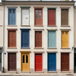 hundred different makeshift doors combined on a building facade, ultra detailed, dslr, f 1 1, frontal view