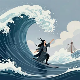 a sea witch calling forth a giant wave by dan mumford and john harris and jean delville and victo ngai and josan gonzalez, highly detailed, photorealism, hyperrealistic, art deco, art nouveau