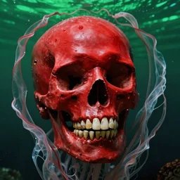 a red human skull in a green sea enveloped jellyfish tendrils by josan gonzalez and dan mumford, highly detailed, high contrast