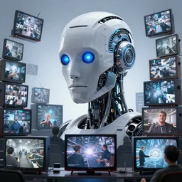 multiples thousand of tv displaying surveillance footage of different universe, watch by the biggest ai robot built, in form of a robot humanoid head, by greg rutkowski