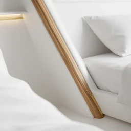 angled tilted closeup to a corner in a futuristic confy white bedroom in a space station, with wood and gold details and a huge futuristic glass window overlooking deep space, ray tracing, amazing view, highly detailed,, octane render, unreal engine 5, 4 k