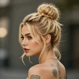 photorealistic head and shoulders photo of beautiful blonde girl with messy bun facing away from the camera, 3 5 mm, confident, tattoos, octane render, bokeh, 4 k, fashion pose, cinematic, national geographic photo shoot,
