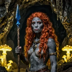 photorealistic portrait of a ginger neanderthal woman with grey skin holding a small blue spear, dark underground caves, neon yellow glowing mushrooms, in the style of henry fuseli and beksinski