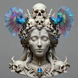 symmetrical, centered, zbrush sculpt of goddess close-up portrait wigh crown made of skulls. phoenix betta fish, phoenix, bioluminiscent creature, super intricate ornaments artwork by Tooth Wu and wlop and beeple and greg rutkowski