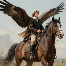 portrait man riding eagle like a horse by greg rutkowski, fantasy